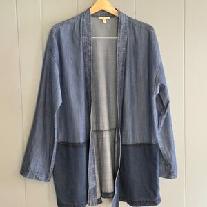 Eileen Fisher patchwork denim jacket kimono style open front L (tonal panels)‎